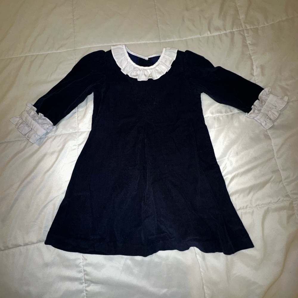 Navy Corduroy Dress with White Ruffle Trim